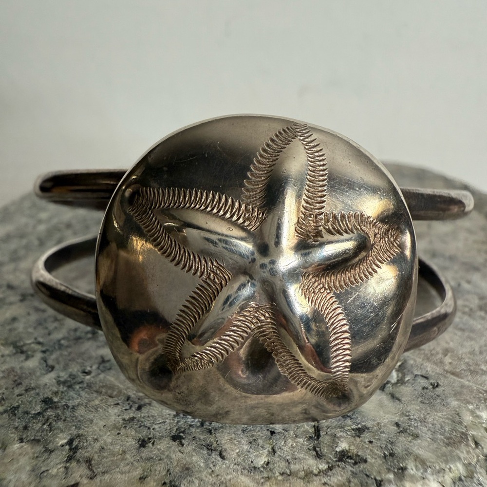 Mid Century Modern Sterling Silver Sand Dollar Cuff Bracelet